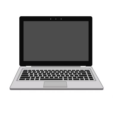 dizüstü düz mockup önünde görüntüleyin. Web siteleri, iş, pazarlama ve reklam için en az düz tasarımı. Beyaz arka plan üzerinde taşınabilir bilgisayar simgeler. Siyah düğmeleri ve karanlık perde olan Yalıtılmış dizüstü bilgisayar