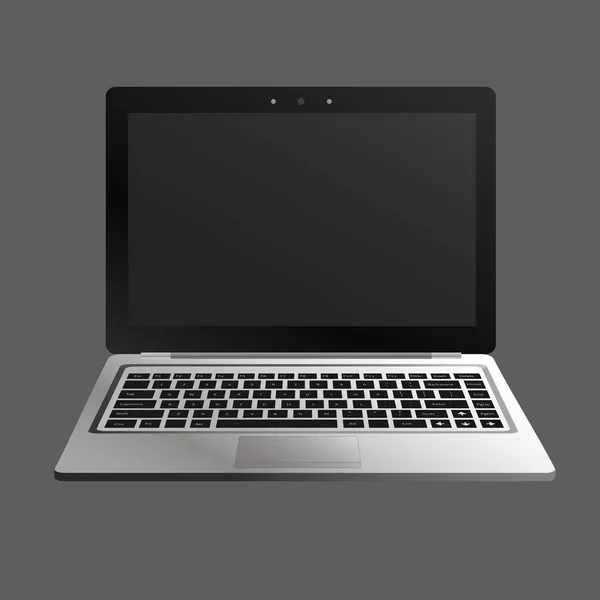 Laptop-Flach-Attrappe von vorne. minimales flaches Design für Websites, Business, Marketing und Werbung. tragbare Computersymbole auf dunklem Hintergrund. isolierter Laptop mit schwarzen Tasten und dunklem Bildschirm. — Stockvektor