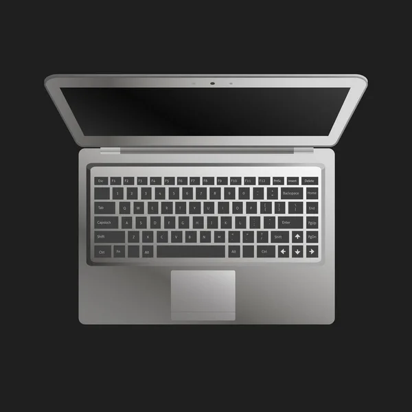 Laptop-Flachmockup in Draufsicht. minimales flaches Design für Websites, Business, Marketing und Werbung. tragbare Computersymbole auf dunklem Hintergrund. isolierter Laptop mit schwarzen Tasten und dunklem Bildschirm. — Stockvektor