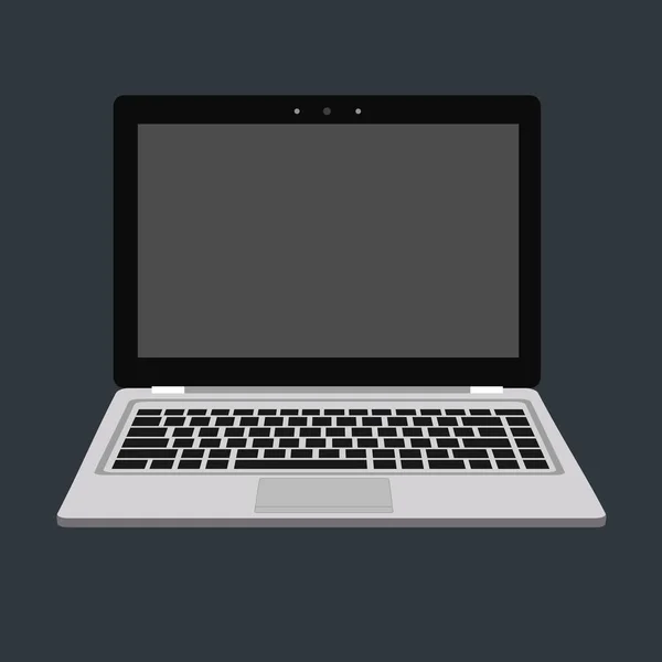 Laptop-Flach-Attrappe von vorne. minimales flaches Design für Websites, Business, Marketing und Werbung. tragbare Computersymbole auf dunklem Hintergrund. isolierter Laptop mit schwarzen Tasten und dunklem Bildschirm. — Stockvektor
