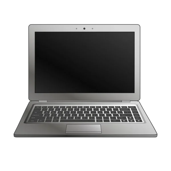 Mockup laptop flat di depan tampilan. Desain rata minimal untuk situs web, bisnis, pemasaran, dan komersial. Ikon komputer portabel pada latar belakang putih. Laptop terisolasi dengan tombol hitam dan layar gelap - Stok Vektor