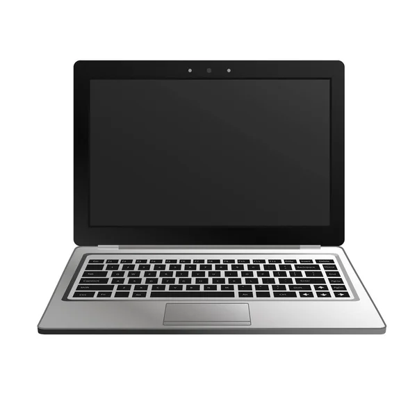 Mockup laptop flat di depan tampilan. Desain rata minimal untuk situs web, bisnis, pemasaran, dan komersial. Ikon komputer portabel pada latar belakang putih. Laptop terisolasi dengan tombol hitam dan layar gelap - Stok Vektor