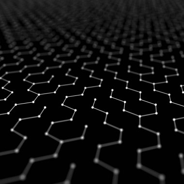 Fütüristik altıgen desen arka plan. 3D render illüstrasyon. Yer yüzeyi. Karanlık bilim-kurgu zemin. Noktalar ve çizgiler bağlantıları. Bilim ve teknoloji kavramı. Büyük veri makro tel kafes.