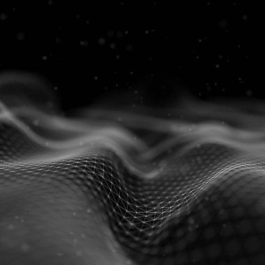 Soyut fütüristik 3d çizim Render. Pleksus poligonal arka plan. Tel kafes peyzaj kavramı. Karanlık bilim-kurgu zemin. Noktalar ve çizgiler bağlantıları. Yer yüzeyi. Büyük veri makro tel kafes.