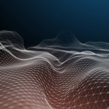 Soyut fütüristik 3d çizim Render. Pleksus poligonal arka plan. Tel kafes peyzaj kavramı. Karanlık bilim-kurgu zemin. Noktalar ve çizgiler bağlantıları. Yer yüzeyi. Büyük veri makro tel kafes.