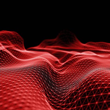 Soyut fütüristik 3d çizim Render. Pleksus poligonal arka plan. Tel kafes peyzaj kavramı. Karanlık bilim-kurgu zemin. Noktalar ve çizgiler bağlantıları. Yer yüzeyi. Büyük veri makro tel kafes.