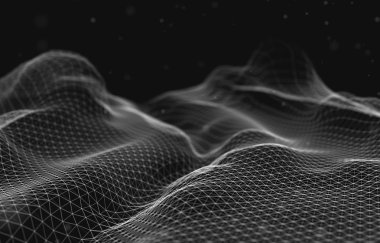 Soyut fütüristik 3d çizim Render. Pleksus poligonal arka plan. Tel kafes peyzaj kavramı. Karanlık bilim-kurgu zemin. Noktalar ve çizgiler bağlantıları. Yer yüzeyi. Büyük veri makro tel kafes.