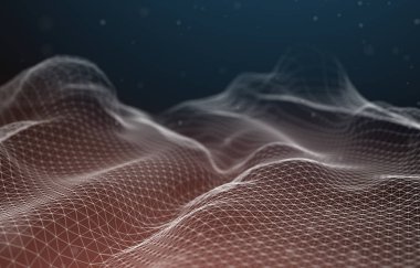 Soyut fütüristik 3d çizim Render. Pleksus poligonal arka plan. Tel kafes peyzaj kavramı. Karanlık bilim-kurgu zemin. Noktalar ve çizgiler bağlantıları. Yer yüzeyi. Büyük veri makro tel kafes.