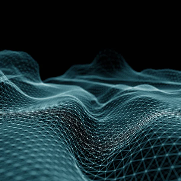 抽象的な未来の 3 d レンダリングの図。神経叢ポリゴン背景。ワイヤ フレームのランドス ケープの概念。暗いサイファイの背景。点と線の接続。スペース サーフェス。大きなデータ マクロ ワイヤ フレーム. — ストック写真