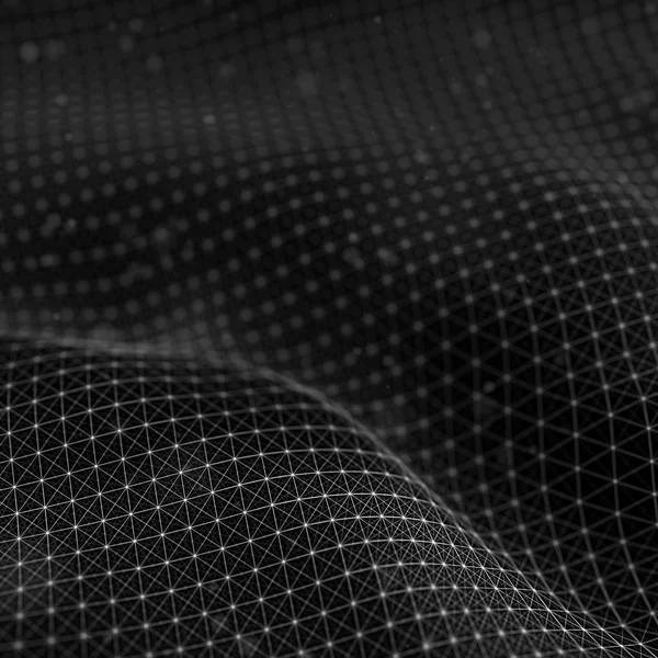 Abstrakte futuristische 3D-Darstellung. Plexus polygonaler Hintergrund. Wireframe Landschaftskonzept. düstere Science-Fiction-Kulisse. Punkte und Linien Verbindungen. Raumoberfläche. Big-Data-Makro-Wireframe. — Stockfoto