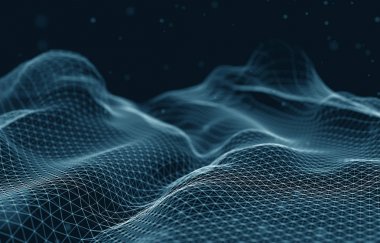 Soyut fütüristik 3d çizim Render. Pleksus poligonal arka plan. Tel kafes peyzaj kavramı. Karanlık bilim-kurgu zemin. Noktalar ve çizgiler bağlantıları. Yer yüzeyi. Büyük veri makro tel kafes.