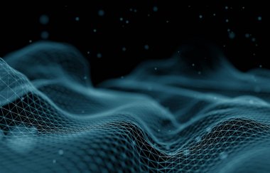 Soyut fütüristik 3d çizim Render. Pleksus poligonal arka plan. Tel kafes peyzaj kavramı. Karanlık bilim-kurgu zemin. Noktalar ve çizgiler bağlantıları. Yer yüzeyi. Büyük veri makro tel kafes.