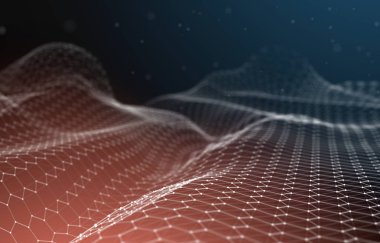 Soyut fütüristik 3d çizim Render. Pleksus poligonal arka plan. Tel kafes peyzaj kavramı. Karanlık bilim-kurgu zemin. Noktalar ve çizgiler bağlantıları. Yer yüzeyi. Büyük veri makro tel kafes.