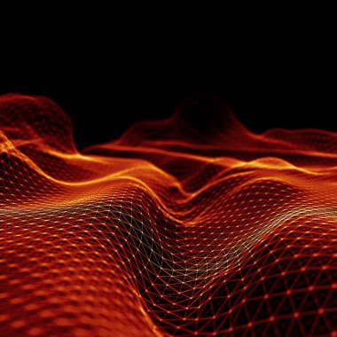 Soyut fütüristik 3d çizim Render. Pleksus poligonal arka plan. Tel kafes peyzaj kavramı. Karanlık bilim-kurgu zemin. Noktalar ve çizgiler bağlantıları. Yer yüzeyi. Büyük veri makro tel kafes.