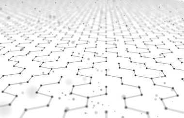 Fütüristik altıgen desen arka plan. 3D render illüstrasyon. Yer yüzeyi. Işık bilim-kurgu zemin. Noktalar ve çizgiler bağlantıları. Bilim ve teknoloji kavramı. Büyük veri makro tel kafes.
