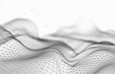 Soyut fütüristik 3d çizim Render. Pleksus poligonal arka plan. Tel kafes peyzaj kavramı. Karanlık bilim-kurgu zemin. Noktalar ve çizgiler bağlantıları. Yer yüzeyi. Büyük veri makro tel kafes.