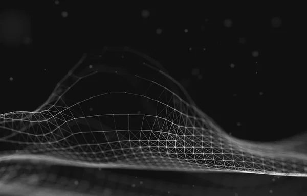 抽象的な未来の 3 d レンダリングの図。神経叢ポリゴン背景。ワイヤ フレームのランドス ケープの概念。暗いサイファイの背景。点と線の接続。スペース サーフェス。大きなデータ マクロ ワイヤ フレーム. — ストック写真
