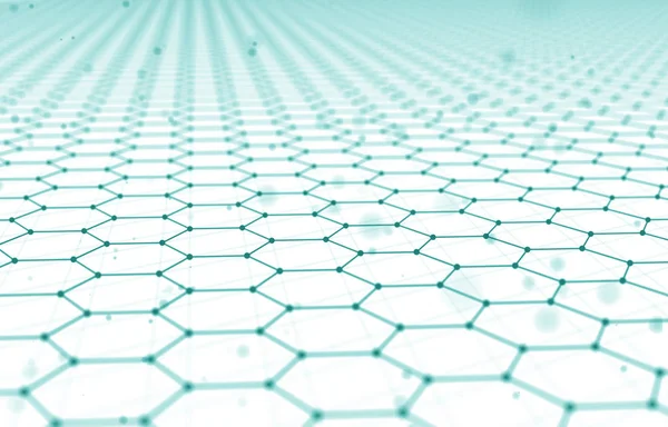 Futuristic Hexagon Pattern Abstract Background. 3d Render Illustration. Space surface. Light sci-fi backdrop. Dots and lines connections. Science and technology concept. Big data macro wireframe.