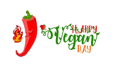 Dünya vejetaryen gün poster. Sağlık sloganı 'Mutlu Vegan günü' başlıklı mutsuz kızgın Chili biber yanacak. İronik kavramı