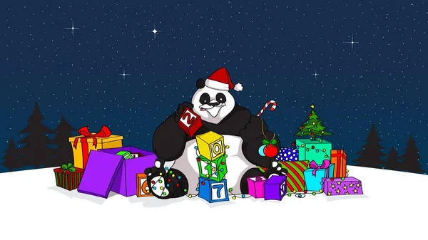 Santa Panda med block, presenter och många andra dekorationer — Stockfoto