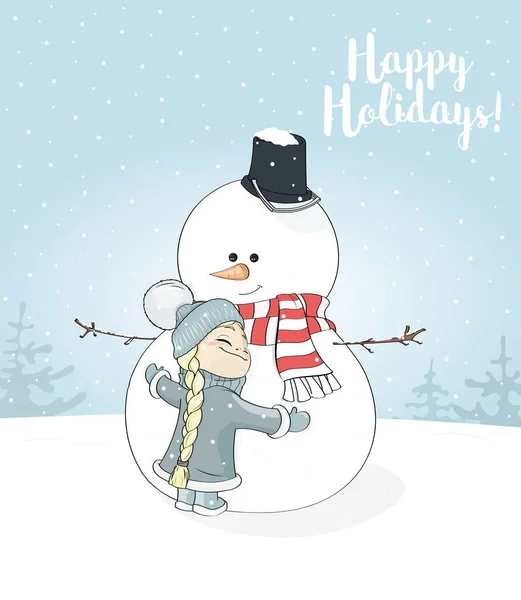 La bambina abbraccia pupazzo di neve. Cartolina di auguri natalizi. Buone feste — Vettoriale Stock