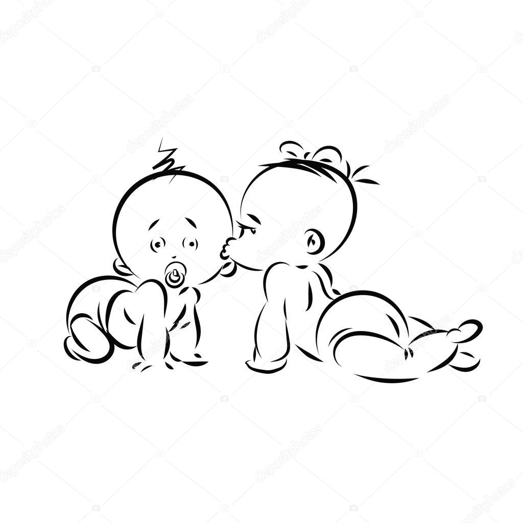 Valentine's day lineart silhouette vector illustration with two little infants. Girl kissed a boy and he's very surprised. Ideal for logo