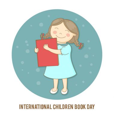 Uluslararası Çocuk kitap günü. Bir kitap bir kızla vektör çizim.