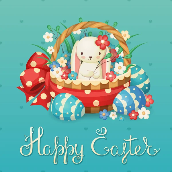 Vektoros illusztráció a húsvéti ünnep. Nyúl egy kosárban, a virágok és a tojás. — Stock Vector