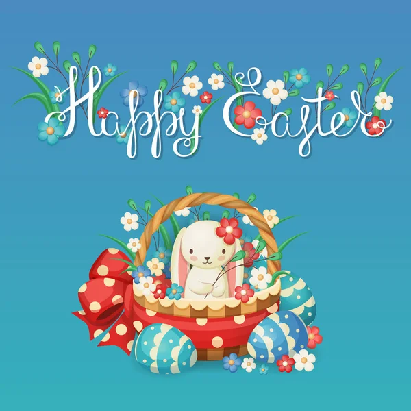 Vector illustration for the Easter holiday. Rabbit in a basket with flowers and eggs. — Stock Vector