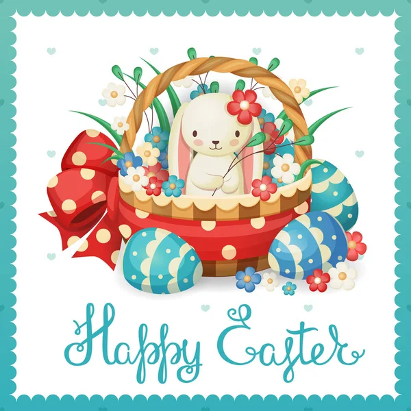 Vector illustration for the Easter holiday. Rabbit in a basket with flowers and eggs. — Stock Vector