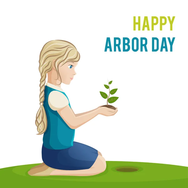 Arbor Day. A girl is planting a tree. Vector illustration for a holiday. Symbol of arboriculture, forests, agriculture. Space for text — Stock Vector