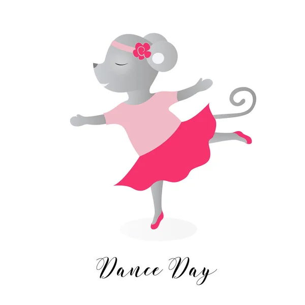 Ημέρα του χορού. Εικονογράφηση διάνυσμα για διακοπές. Οι χοροί του ποντικιού σαν μπαλαρίνα. Χαριτωμένο σχέδιο. — Διανυσματικό Αρχείο