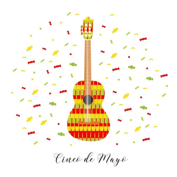 Cinco de Maio. Ilustração vetorial para cartão de felicitações. Guitarra multicolorida entre confetes . —  Vetores de Stock