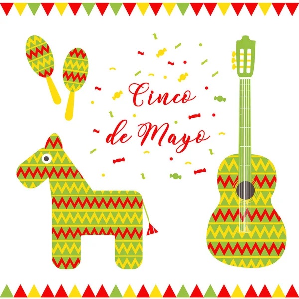 Cinco de Mayo. Vektör çizim tebrik kartı için. Çok renkli gitar, eşek, marakas ve yazıt konfeti arasında.