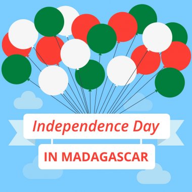 Madagaskar Bağımsızlık günü. Vektör çizim. Bayrak ve yazıt ile amblemi renkteki topları.