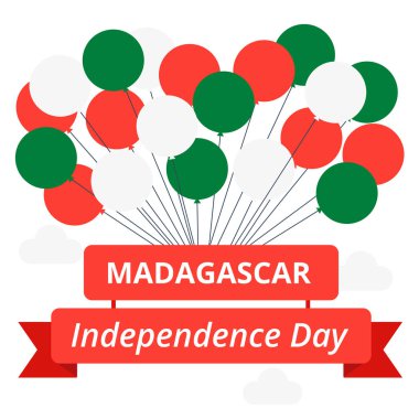 Madagaskar Bağımsızlık günü. Vektör çizim. Bayrak ve yazıt ile amblemi renkteki topları.