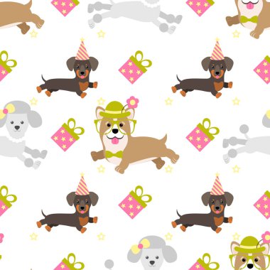 Vektör sorunsuz arka plan tasarımı doğum günü için. Güzel köpekler, hediyeler, yıldız.