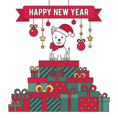 Vektör çizim. Köpek hediyeler dağ. Noel ve yeni yıl tebrik ederim. Bir tebrik kartı, kapak, davetiye kullanılabilir.