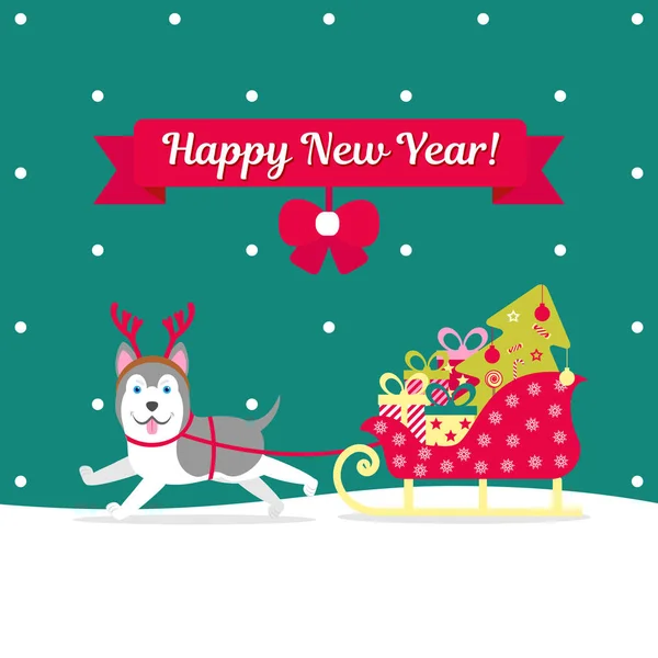 矢量插图。哈士奇带着一队礼物和一棵圣诞树。装饰的圣诞节图片。狗的年. — 图库矢量图片