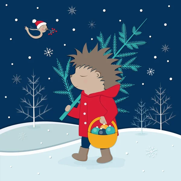 Um ouriço com uma árvore vai para a floresta. Ilustração de Natal vetorial . — Vetor de Stock