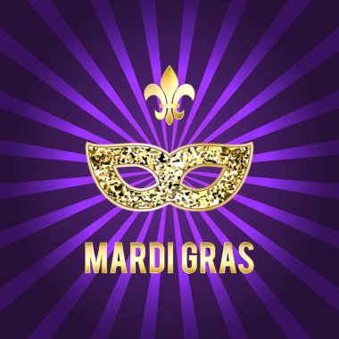 Resimde Mardi Gras tatil için. Vektör resim. Maske, yazıt, gracladic lily, güzel arka plan. Kartpostal tasarım, Tebrikler, Davetiyeler, kapakları, afiş, reklam için mükemmel