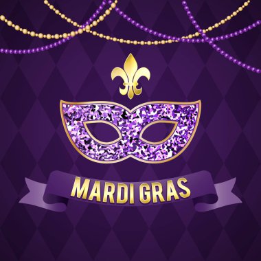 Resimde Mardi Gras tatil için. Vektör resim. Maske, yazıt, gracladic lily, güzel arka plan. Kartpostal tasarım, Tebrikler, Davetiyeler, kapakları, afiş, reklam için mükemmel