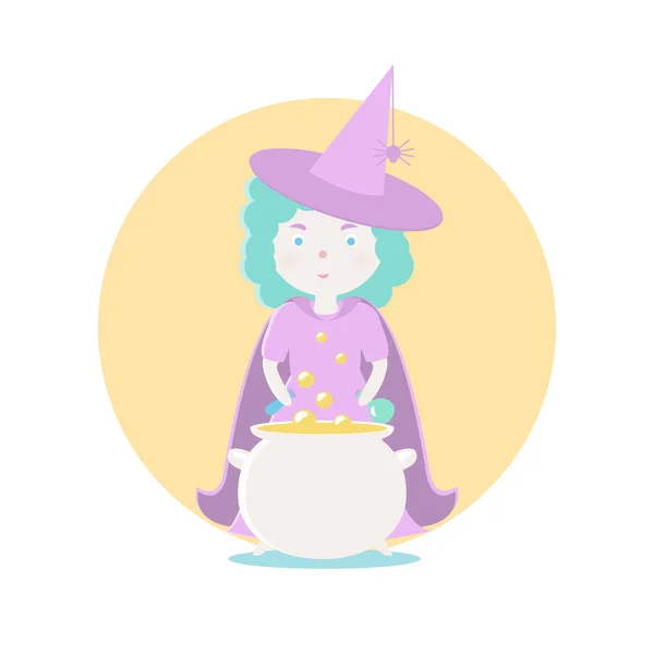 A good witch is preparing a magical potion.. Vector illustration. Fairy-tale subjects and characters. Objects on a colored circle. Design for pictures, icons, postcards, covers, flat style. — Stock Vector