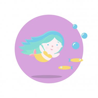 Uzun renkli saçlı balık yanında yüzen deniz kızı. Vektör çizim. Masal konular ve karakter. Nesneler üzerinde renkli bir daire. Resimler, ikonlar, kartpostallar, için tasarım kapakları