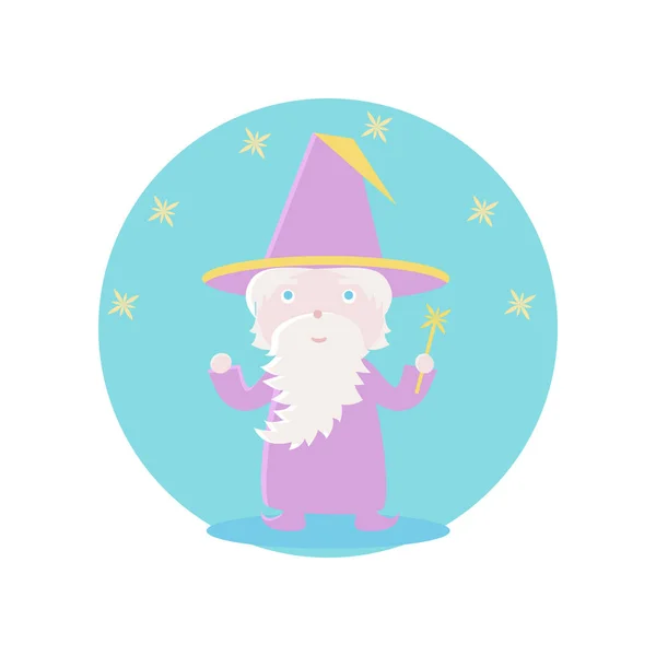 O velho feiticeiro tem uma varinha mágica na mão e olha para as estrelas. Ilustração vetorial. Sujeitos e personagens de contos de fadas. Objetos em um círculo colorido. Design para imagens, ícones, cartões postais — Vetor de Stock