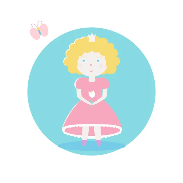 A princesa em um vestido rosa está segurando uma flor em sua mão. Ilustração vetorial. Sujeitos e personagens de contos de fadas. Objetos em um círculo colorido. Design para imagens, ícones, cartões postais, capas — Vetor de Stock