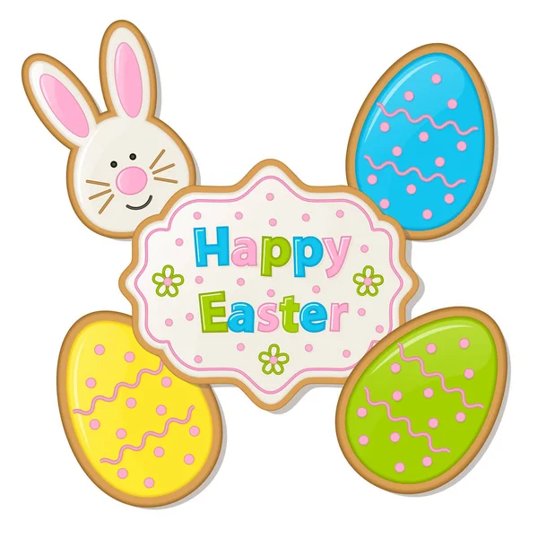 Vektoros illusztráció a húsvéti ünnep. Egy sor hagyományos díszek: tojás, nyúl, cookie-kat, íj. Használható weblapként, üdvözlés kártya, banner, matricák, plakátok tervezése. Pasztell színek. — Stock Vector