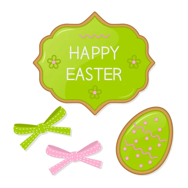 Vektoros illusztráció a húsvéti ünnep. Egy sor hagyományos díszek: tojás, íj. Használható weblapként, üdvözlés kártya, banner, matricák, reklám, plakátok tervezése. Pasztell színek. — Stock Vector