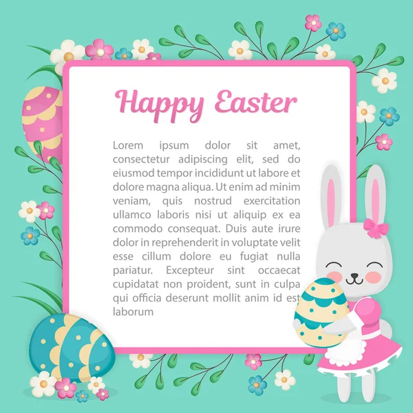 The image of the rabbit is looking from behind a square frame with openwork edges. Vector illustration for the Easter holiday. Emblem with flowers and place for text. — Stock Vector