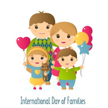 İnsanlar vektör Illustration görüntü ile. Mutlu bir aile dört ve bir kedi. Ailelerin Holiday International gün. Çocuklar ellerinde balonlar tutun. Annemle babamın bir kucaklama olduğunu.